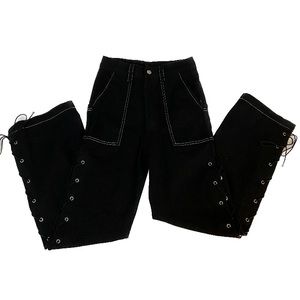 Grommet Lace-up Topstitching Wide Leg Jeans